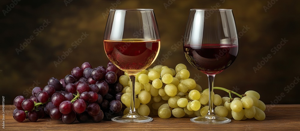 Aufkleber close up of red and white wine glasses with grapes on a wooden table. with copy space image. place f