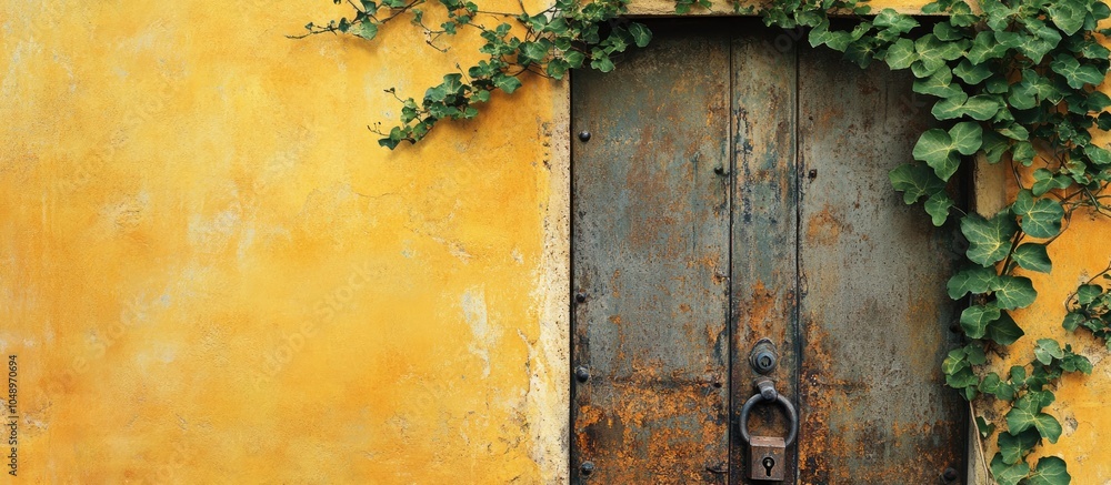 Poster A weathered decorative iron door with rust and a padlock adorned with green vines against a yellow wall. with copy space image. Place for adding text or design