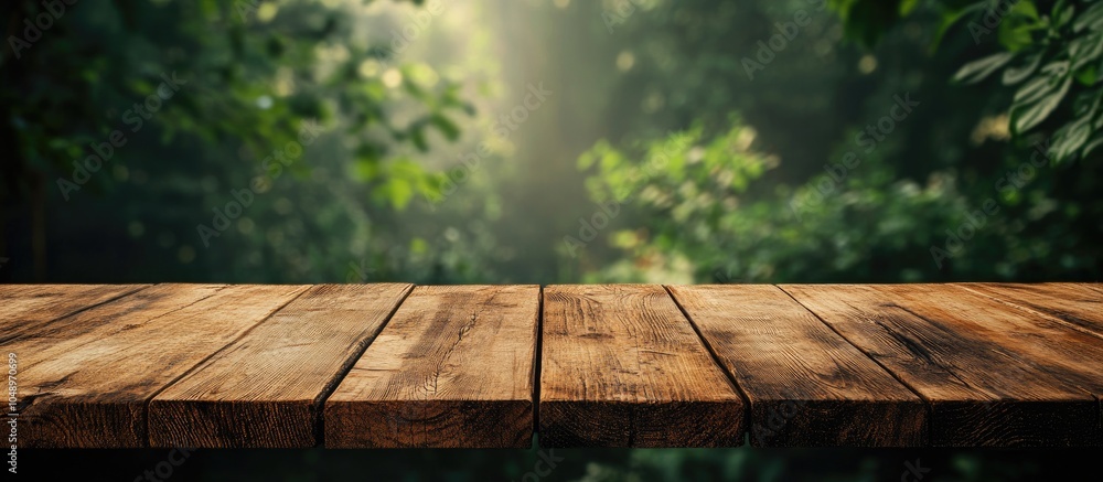 Poster Empty wooden table set against a natural background. with copy space image. Place for adding text or design