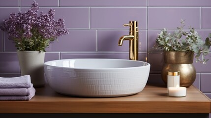 A sophisticated white vessel sink with a brass faucet set against violet tiles, creating a stunning bathroom design.