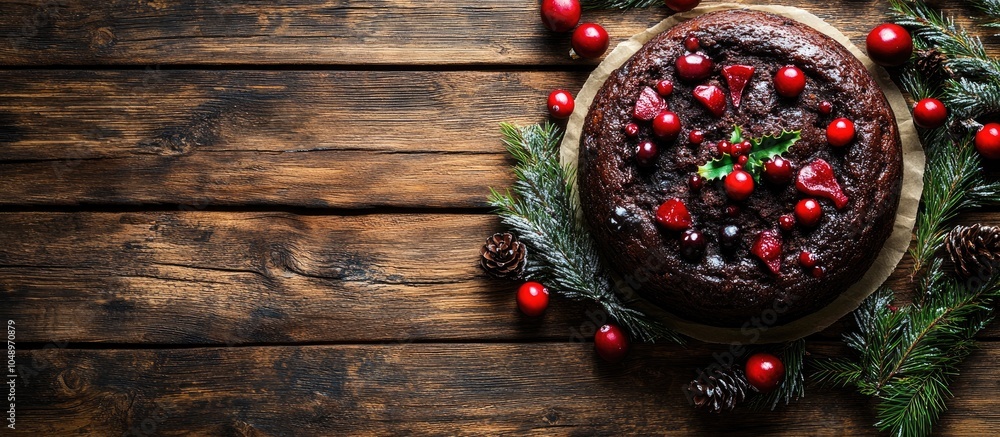 Aufkleber christmas pudding a fruit cake adorned with icing and cranberries on a rustic wooden table with copy