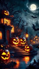 Fototapeta premium Spooky Halloween Night Scene with Jack-o'-Lanterns and Haunted Houses