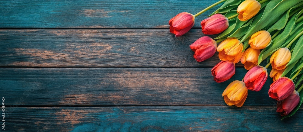 Aufkleber vivid tulips on a wooden table aerial perspective with copy space aerial view selective focus and en