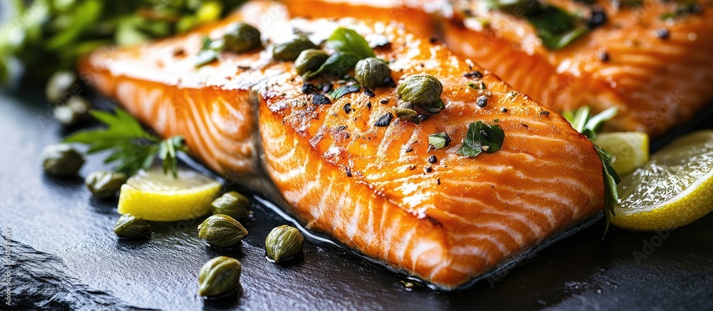 Leinwandbilder Closeup of delicious cooked salmon with capers and salad presented on the table. with copy space image. Place for adding text or design