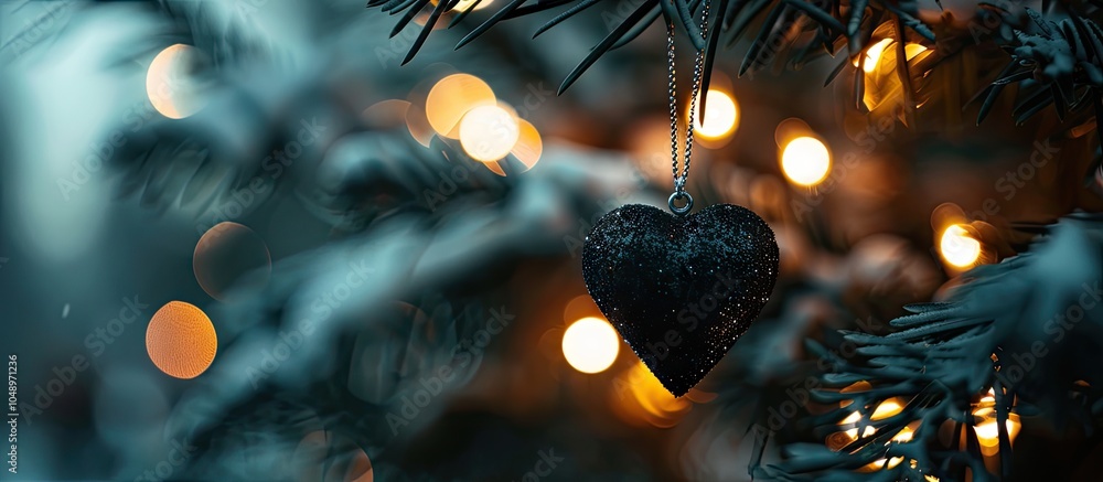 Aufkleber A heart shaped toy hangs from a Christmas tree adorned with glowing lights creating a dark silhouette. with copy space image. Place for adding text or design