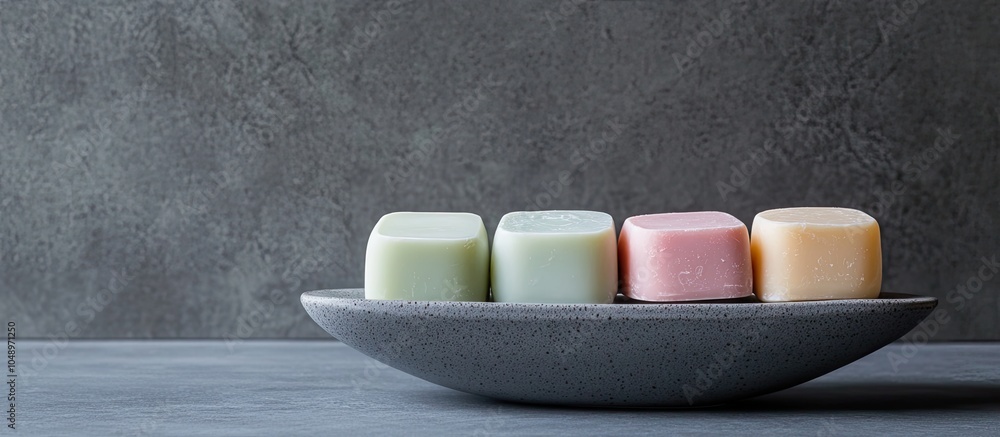 Aufkleber handmade solid shampoo and conditioner bars positioned in a soap dish against a grey background copy