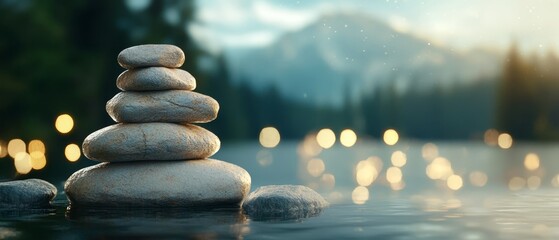 Obraz premium A stack of rocks atop a tranquil body of water, adjacent to a forest glowing with numerous lights