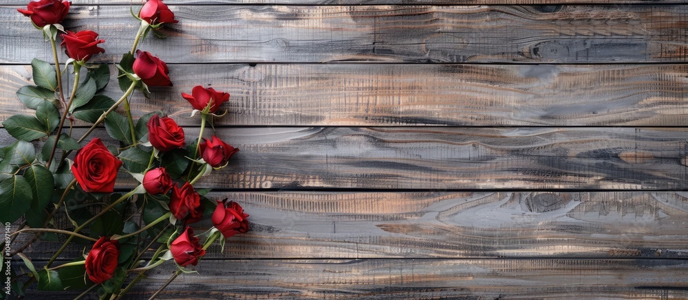 Poster red roses on a wooden backdrop valentine s day mother s day. with copy space image. place for adding