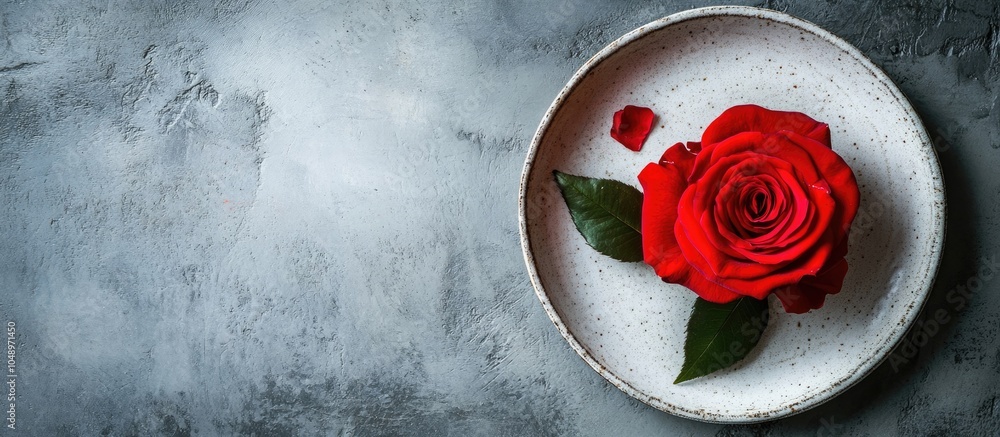 Poster rose flower on a plate against a concrete background. with copy space image. Place for adding text or design