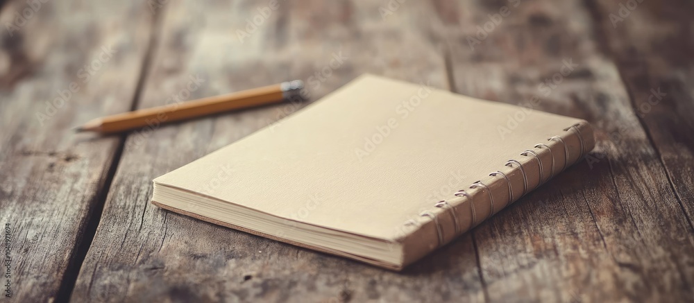 Aufkleber Small notebook paper notepad placed on a wooden table designed for writing information with a pencil and a book. with copy space image. Place for adding text or design
