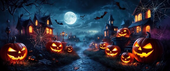 Spooky Halloween Night Scene with Jack-o'-Lanterns and Haunted Houses