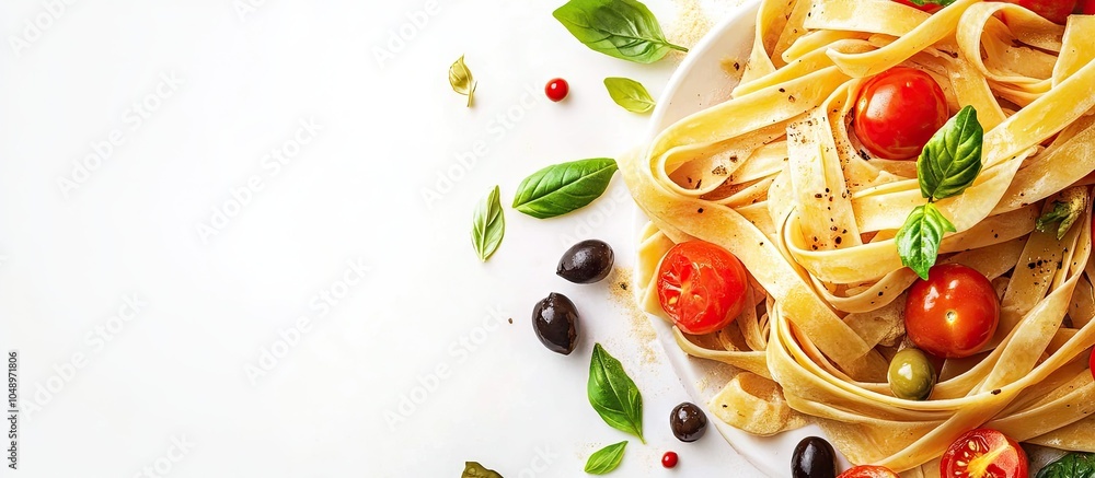 Aufkleber classic italian pasta with tomatoes and olives. with copy space image. place for adding text or desi