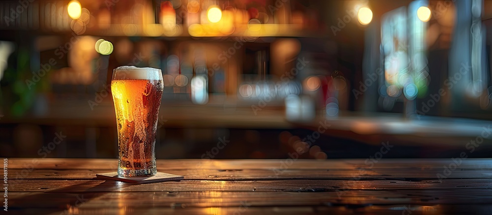 Poster deliberately blurred image of a beer glass on a wooden pub table. with copy space image. place for a