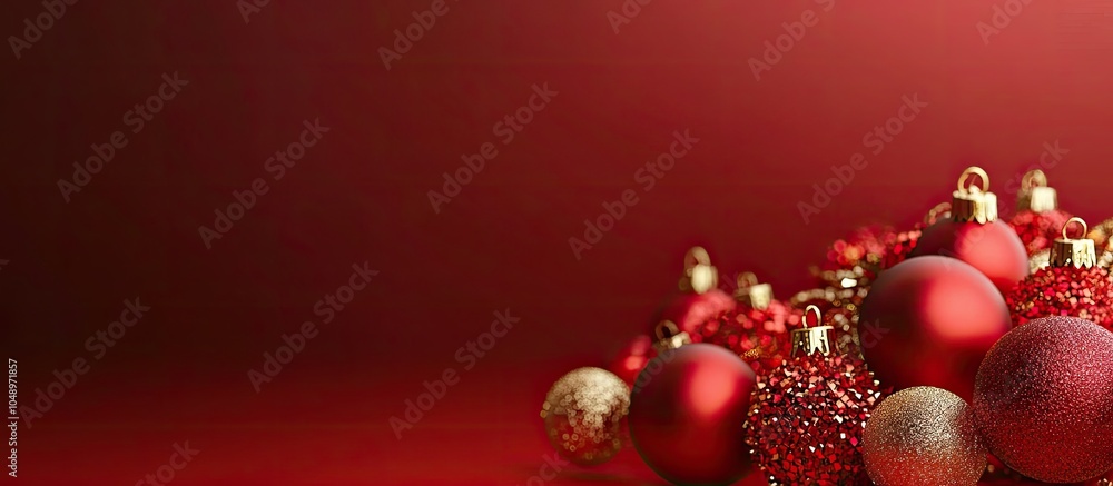 Poster Red background for New Year and Christmas featuring red and gold ornaments. with copy space image. Place for adding text or design