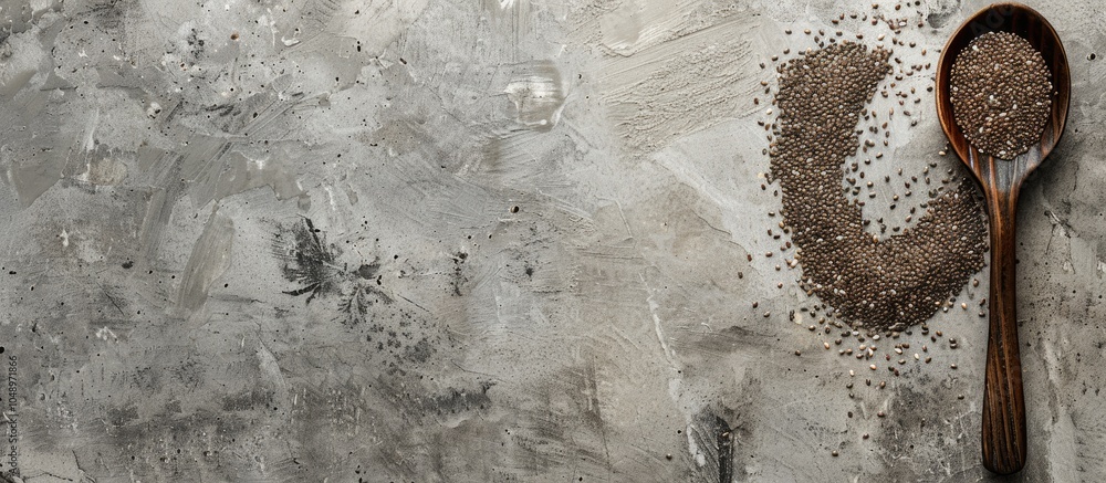 Leinwandbilder Organic food idea featuring healthy chia seeds in a spoon on a concrete backdrop. with copy space image. Place for adding text or design