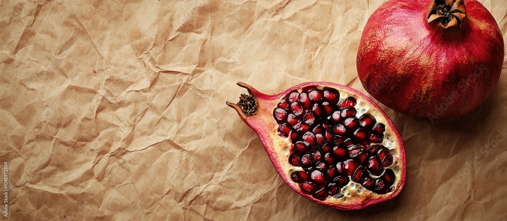 Fototapete Textured vintage paper background featuring a halved pomegranate. with copy space image. Place for adding text or design