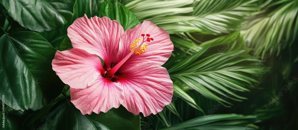 Poster pink hibiscus flower set against a backdrop of green leaves. with copy space image. place for adding
