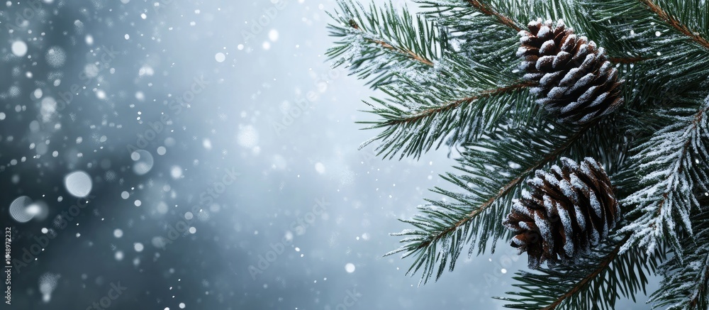 Aufkleber Christmas with a pine branch on a holiday backdrop. with copy space image. Place for adding text or design