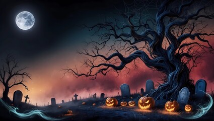 Spooky Halloween Night Scene with Jack-o'-Lanterns and Haunted Houses