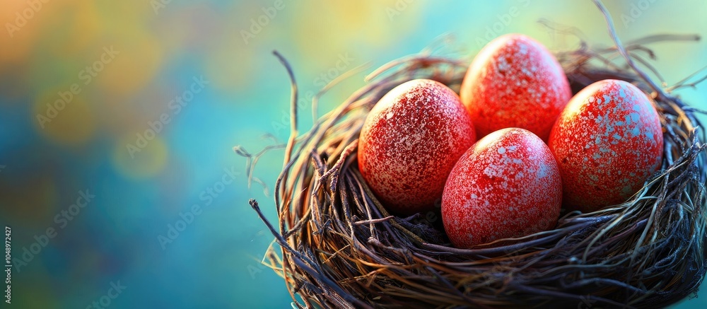 Poster Nest with lovely Easter eggs set against a colorful background close up. with copy space image. Place for adding text or design