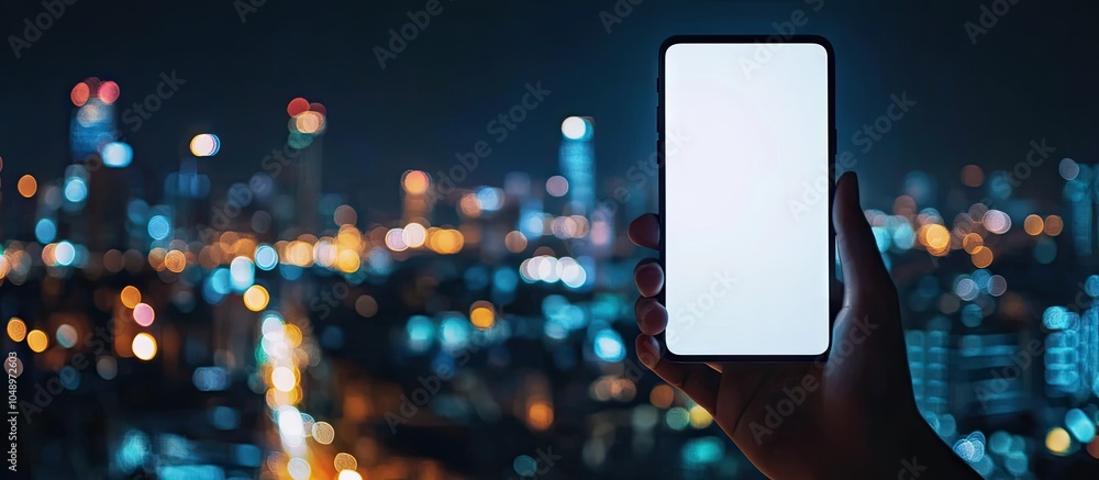 Poster hand holding a blank white screen smartphone with a blurred night cityscape in the background. with copy space image. Place for adding text or design