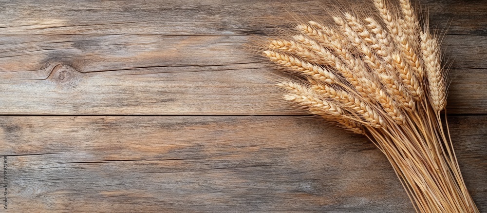 Fototapete Wheat spikes bouquet on a rustic wooden background with copy space for your design representing harvesting and eco food concepts closeup flat lay overhead top view