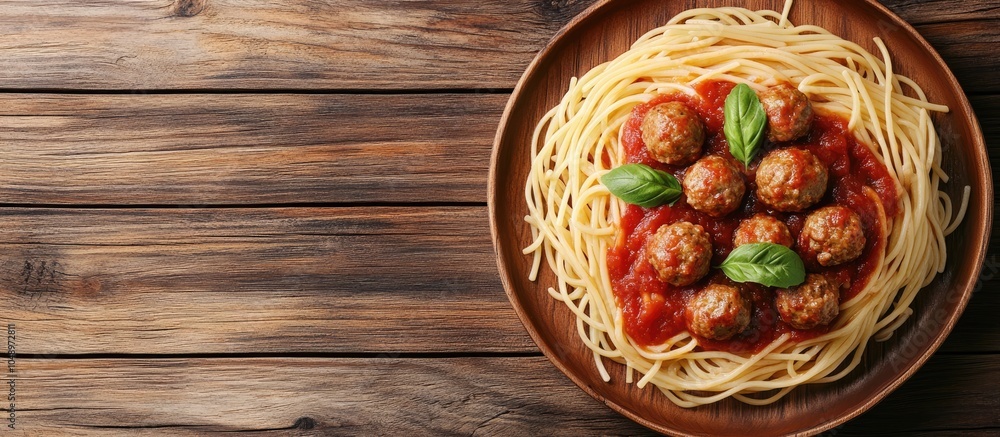 Fototapete spaghetti pasta with meatballs and tomato sauce served on a wooden surface top view. with copy space