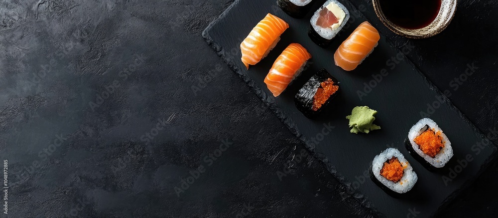 Leinwandbilder top view of various sushi pieces on a black slate plate accompanied by a bowl of sauce. with copy sp