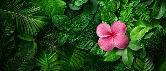 Fototapeta premium A pink flower atop a verdant, leaf-covered plant wall, flanked by greenery on both sides