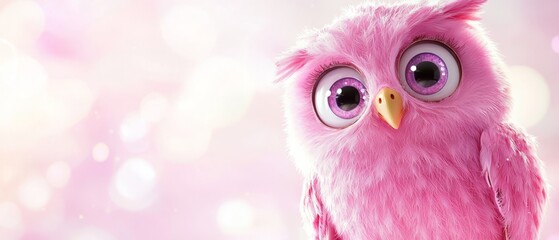 Obraz premium A pink owl in focus against a pink backdrop, with a softly blurred light bokeh behind