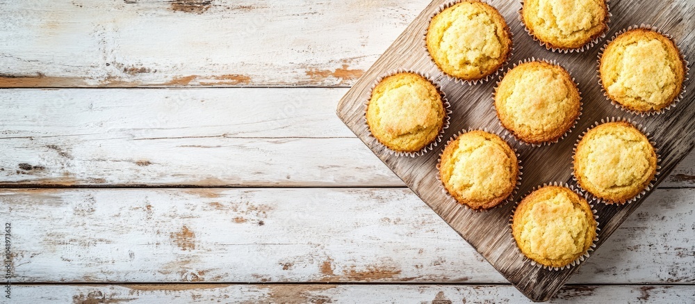 Aufkleber homemade cornbread muffins on a rustic wooden board with a white wooden backdrop top view flat lay o