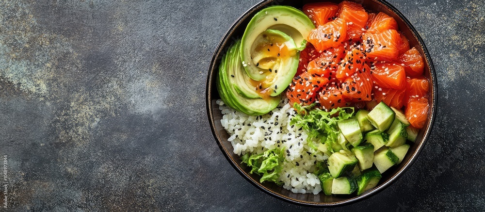 Poster traditional hawaiian poke salad featuring salmon avocado rice and vegetables served in a bowl for tw