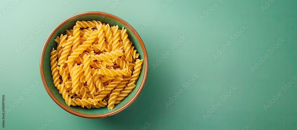 Aufkleber green dry organic traditional pasta in a ceramic dish on a green background top view. with copy spac