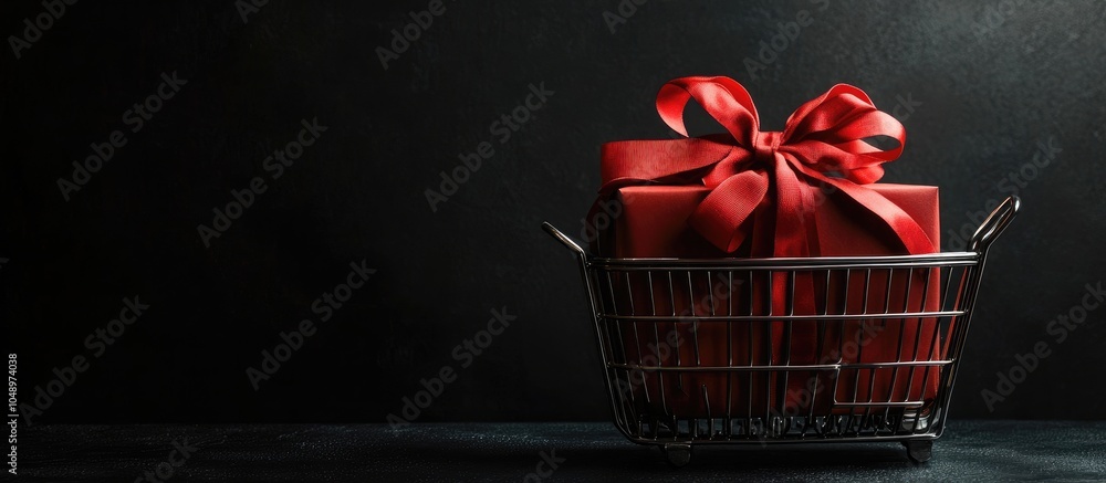 Poster Gift box tied with a red bow inside a metal shopping basket with space for text. with copy space image. Place for adding text or design