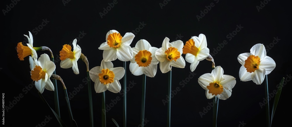 Fototapete white and yellow daffodils set against a dark black background. with copy space image. place for add