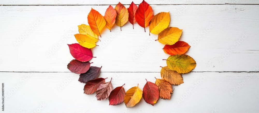 Poster Circle of vibrant autumn leaves arranged in a gradient text frame design layout set against a white wooden background High quality photo. with copy space image. Place for adding text or design