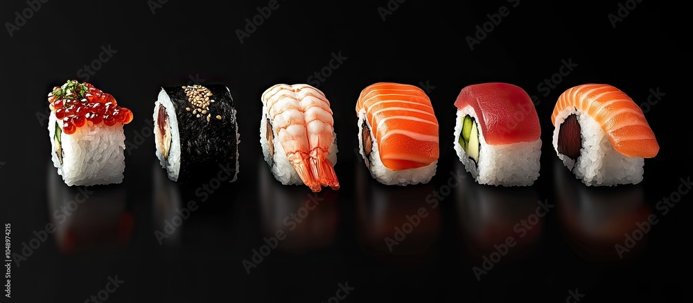 Poster set of japanese sushi close up view. with copy space image. place for adding text or design