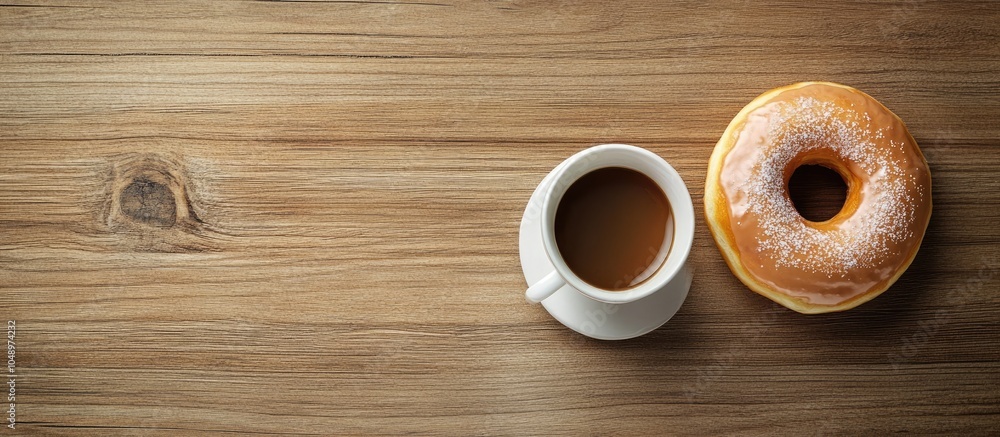 Aufkleber espresso alongside a glazed donut on a wooden table viewed from above featuring copy space
