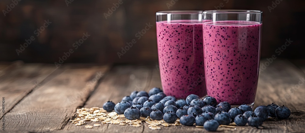 Poster glasses of delicious blueberry smoothie with oatmeal on a wooden table room for text. with copy spac
