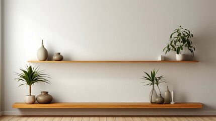 This modern living room showcases a floating wood shelf on a white wall, ideal for storage and showcasing decor.