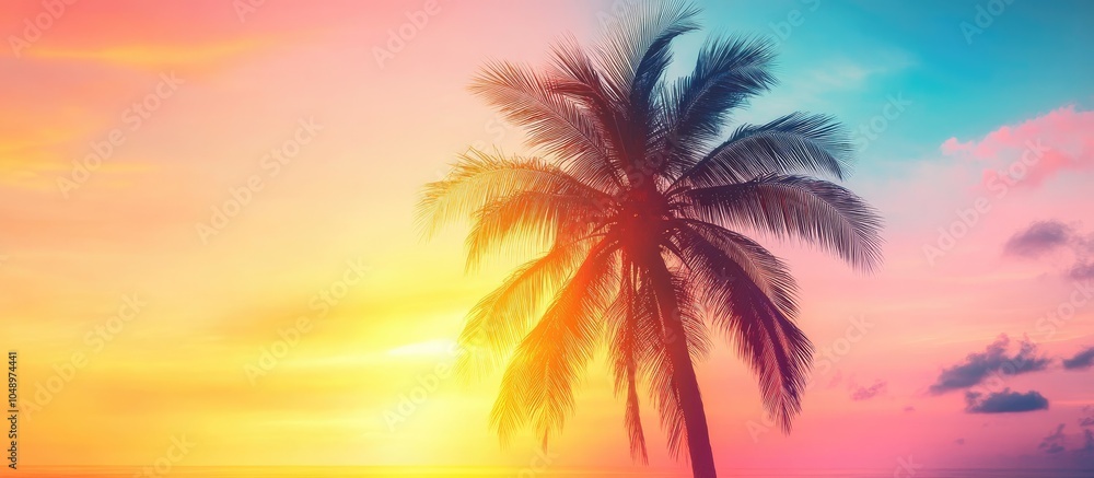 Poster copy space featuring the silhouette of a tropical palm tree with sunlight against a sunset sky creat