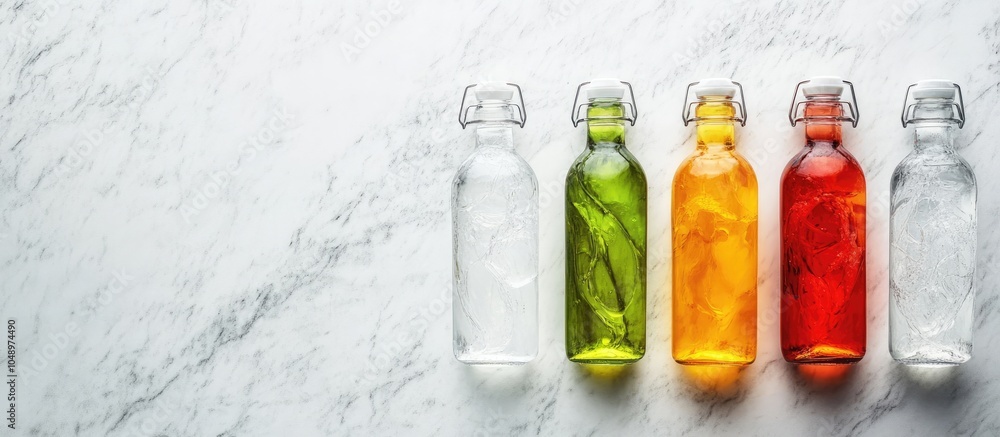 Poster bottles containing various food colors on a light grey marble table viewed from above space for text
