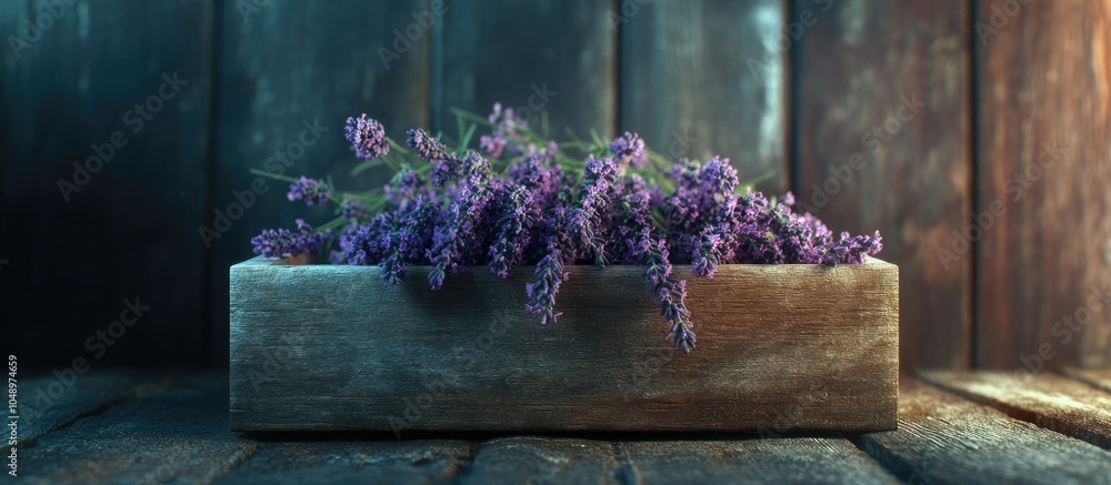 Poster Lavender blooms in a box on a wooden surface. with copy space image. Place for adding text or design
