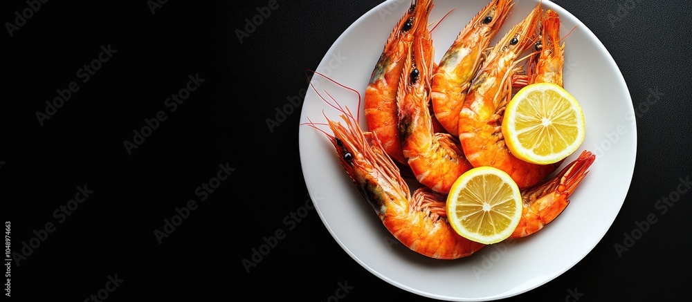 Poster shrimp with lemon on a plate against a black background top view free copyspace