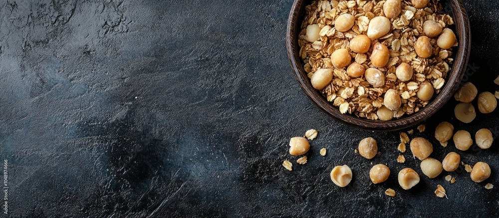 Poster Macadamia nuts and granola. with copy space image. Place for adding text or design