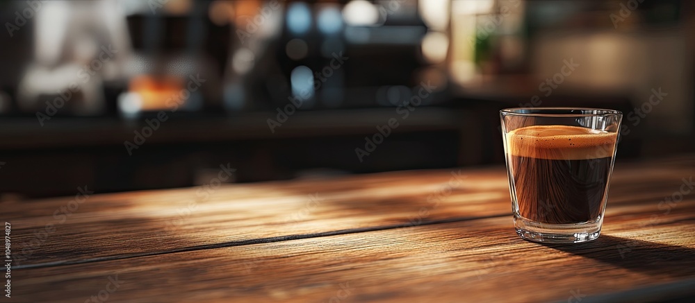 Aufkleber A glass cup filled with fresh aromatic coffee sits on a wooden counter in a cafe providing space for text. with copy space image. Place for adding text or design