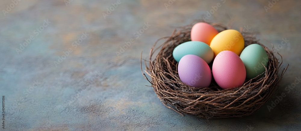 Aufkleber easter holiday card idea featuring colored eggs in a nest on a concrete surface with copyspace