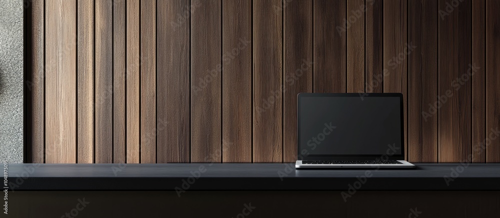 Poster chic office interior featuring a laptop on a table next to a wooden wall area for text. with copy sp