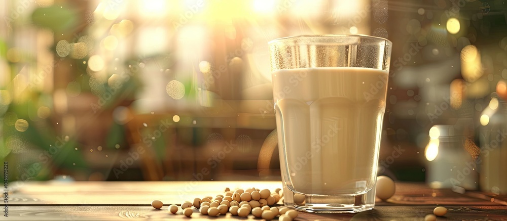 Poster A glass of soy milk with soybeans on a wooden table featuring a blurred background and morning lighting conveys a healthy concept. with copy space image. Place for adding text or design