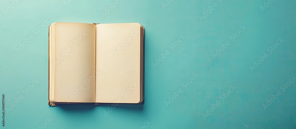 Poster Empty notebook on blue backdrop. with copy space image. Place for adding text or design
